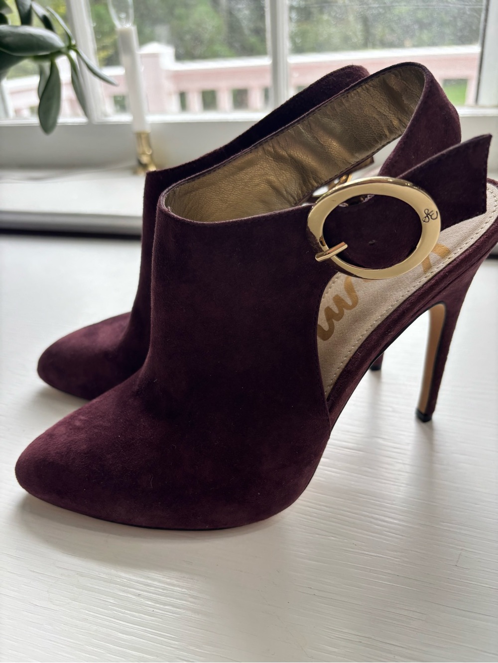 Sam Edelman Burgundy/Plum Suede Slingback Heels with Gold Buckle